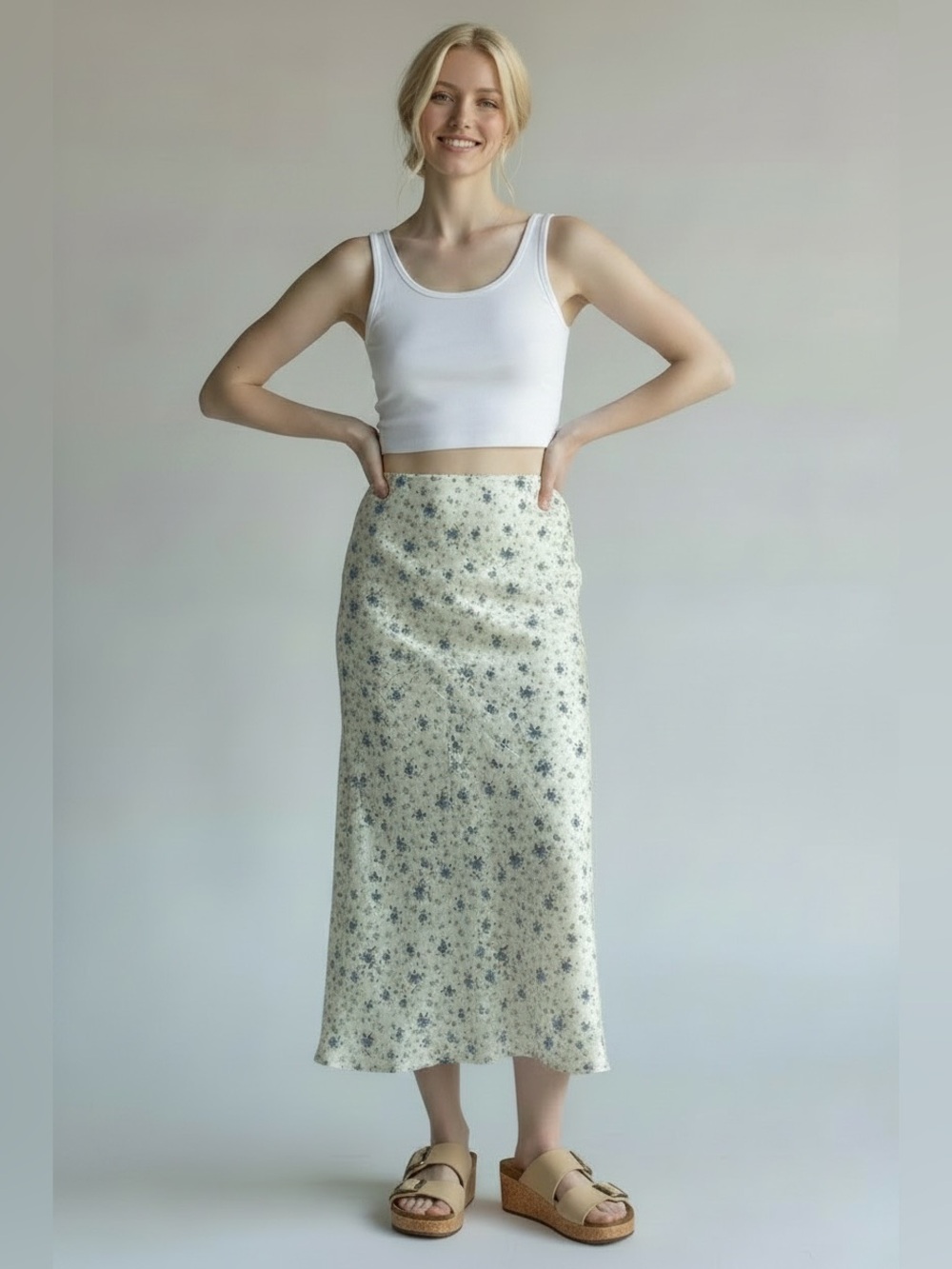 wild fable Cream Maxi Skirt with Blue Floral Print